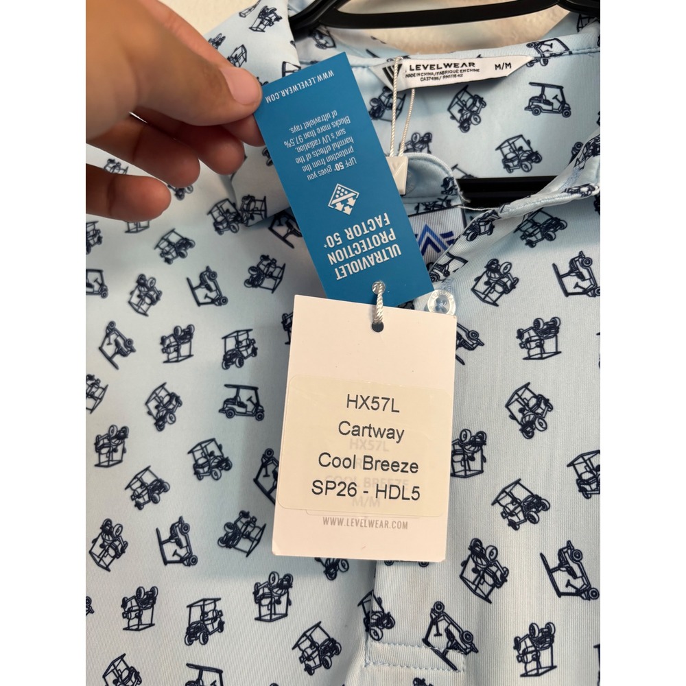 Levelwear Cartway Cool Breeze Golf Polo Shirt Mens Medium Blue Golf Cart‎ Print